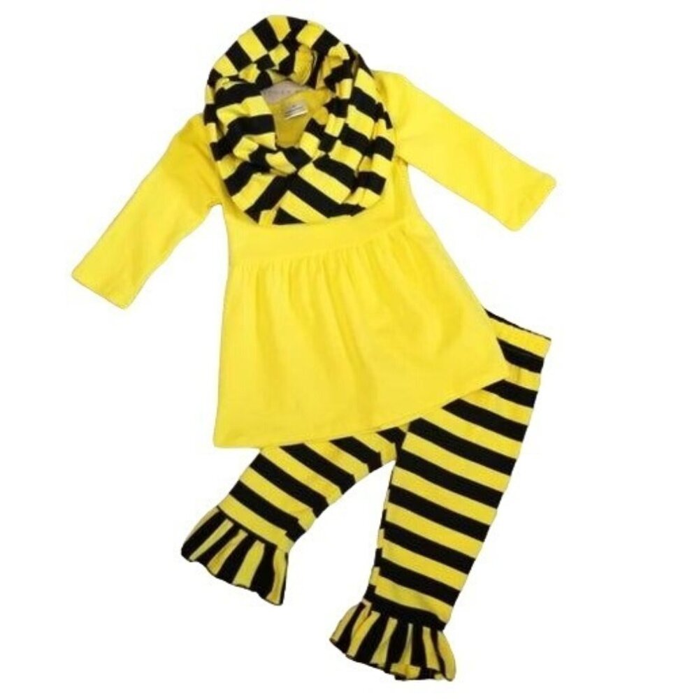 Yellow & Black Striped Toddler Outfit With Shirt, Scarf & Leggings 2T